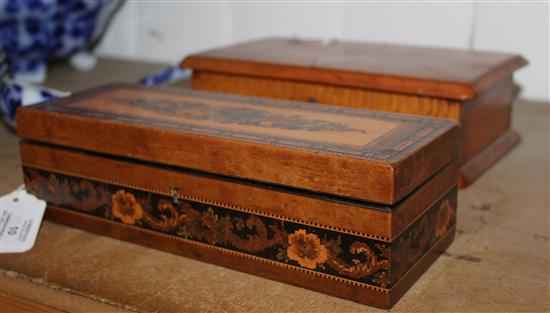 Tunbridge Ware glove box, with floral spray and foliate banding and a specimen wood parquetry box